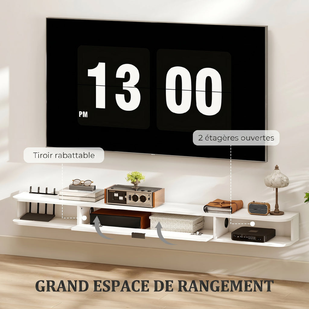 Meuble TV Suspendu, Meuble Télé pour Téléviseur jusqu'à 75 Pouces, Tiroir Rabattable, 2 Étagères, 180x24x16cm, Blanc-4
