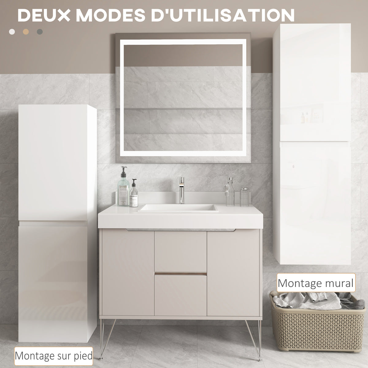 Meuble colonne rangement salle de bain style contemporain 2 placards étagères réglables 35 x 25 x 120 cm blanc laqué-4