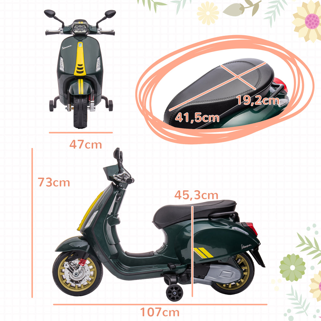 Scooter électrique enfant Vespa 6 V dim. 107L x 47l x 73H cm Musique MP3 Port USB Phare 2 roues d'entraînement - Vert-2