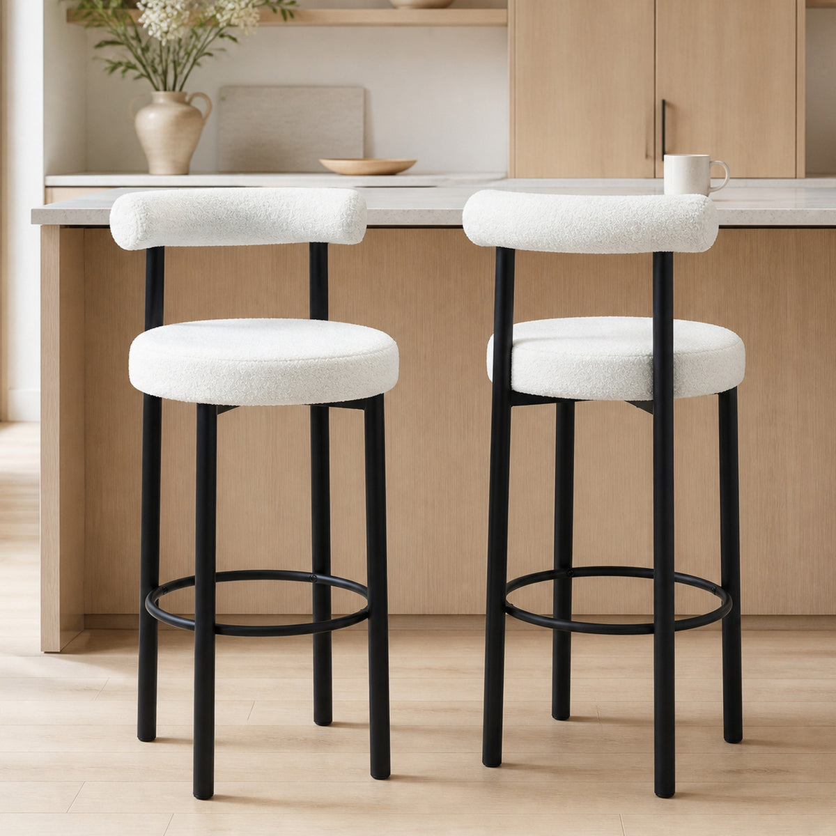 Lot de 2 tabourets de bar, chaises de bar en tissu bouclette avec dossier incurvé, repose-pieds, 50x52,5x98cm, blanc-1