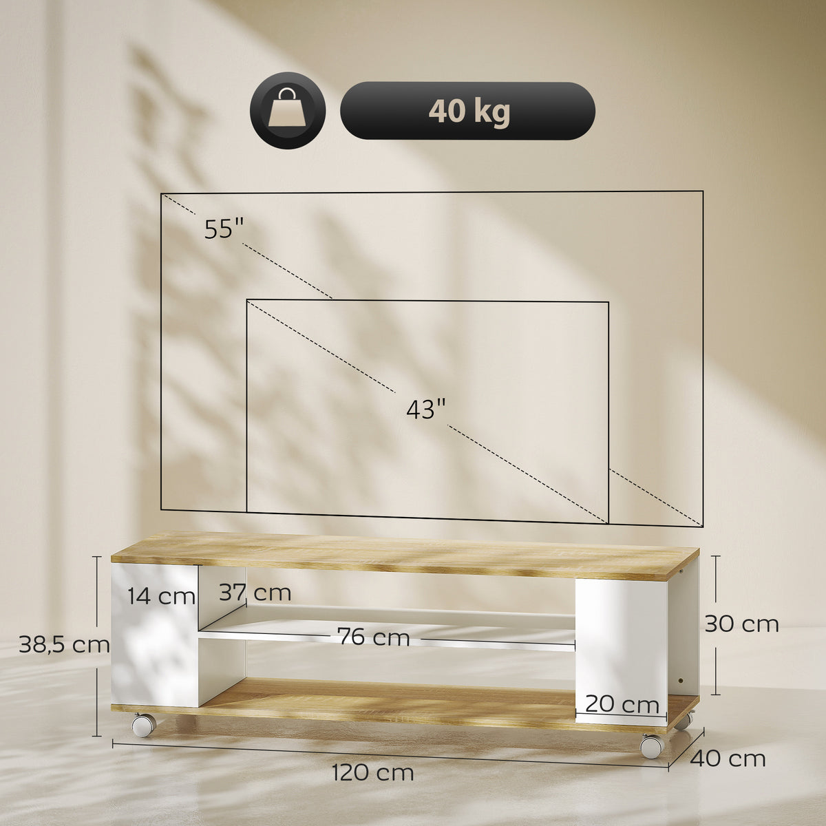 Meuble TV avec roulettes 120 cm, meuble télé pour téléviseur jusqu'à 55 pouces, 2 étagères ouvertes, blanc et naturel-2