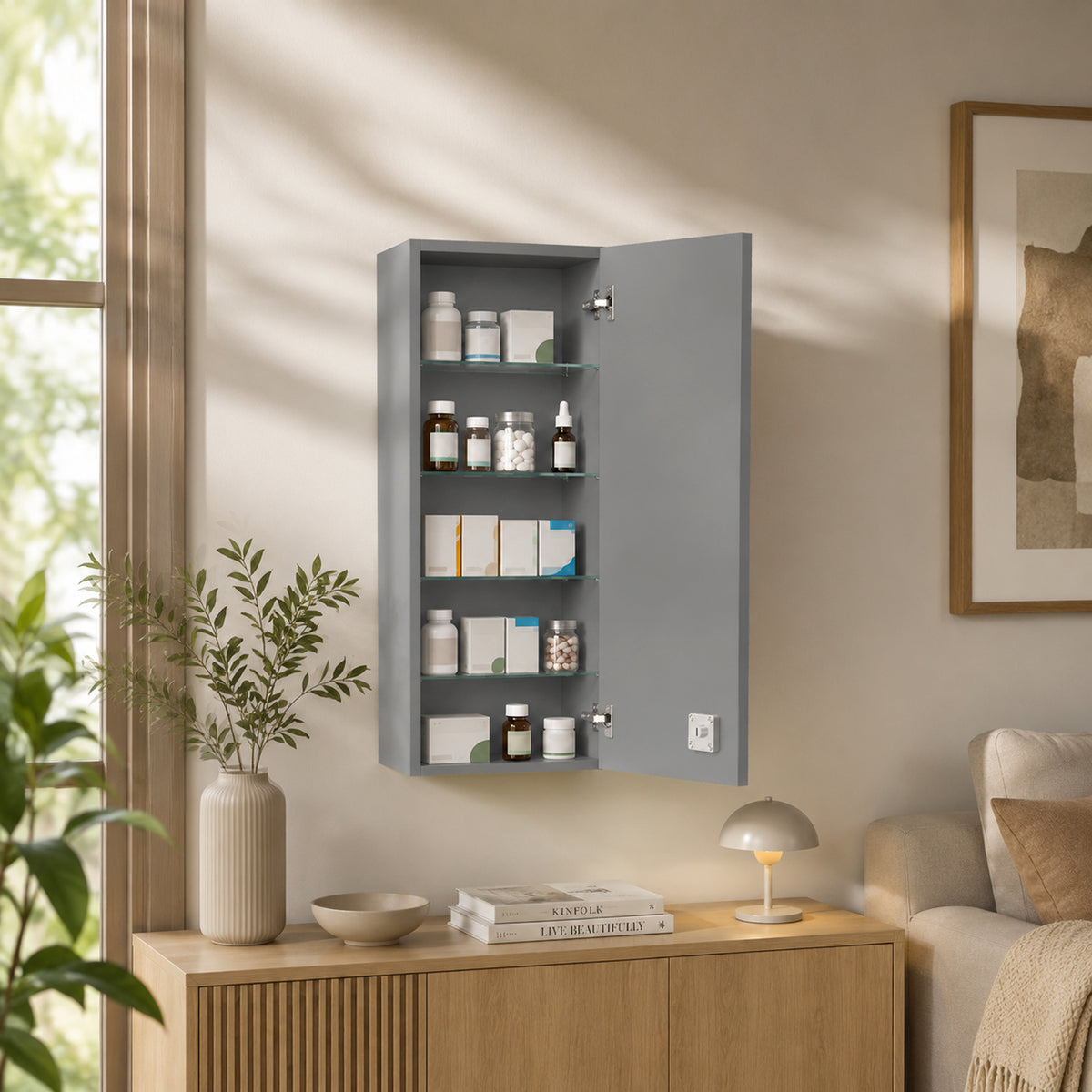 Armoire à pharmacie murale avec serrure, 5 étagères et tablettes réglables, bois et verre, gris, 30x20x70cm-8