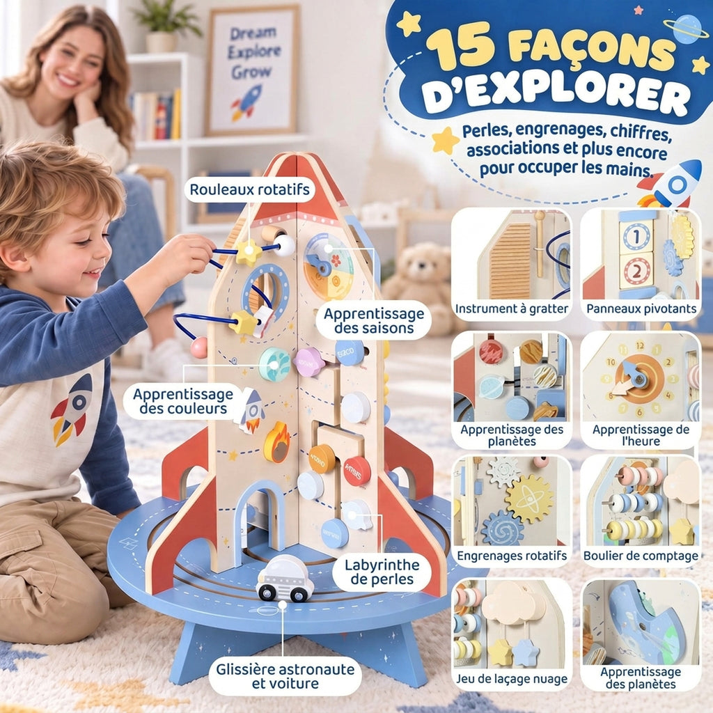 Cube d'Activités en Bois Thème Fusée, Cube Éducatif avec Trieur de Formes et Labyrinthe de Perles, pour 2 à 6 Ans-4