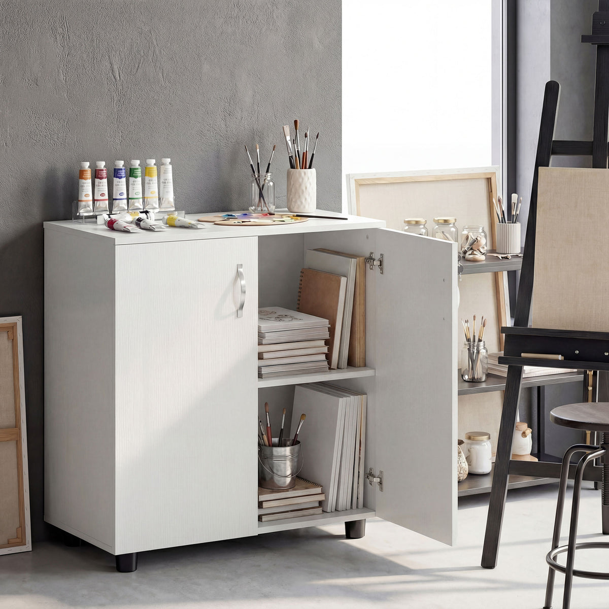 Armoire de bureau à 2 niveaux, meuble de rangement bureau avec 2 portes, serrures et clés, 80x40x80cm, blanc-8