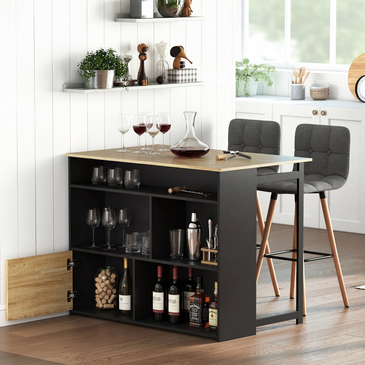 Table de bar extensible avec abattant, table haute cuisine, 1 placard et 4 compartiments ouverts, 116x79,6x90,5cm, noir-1
