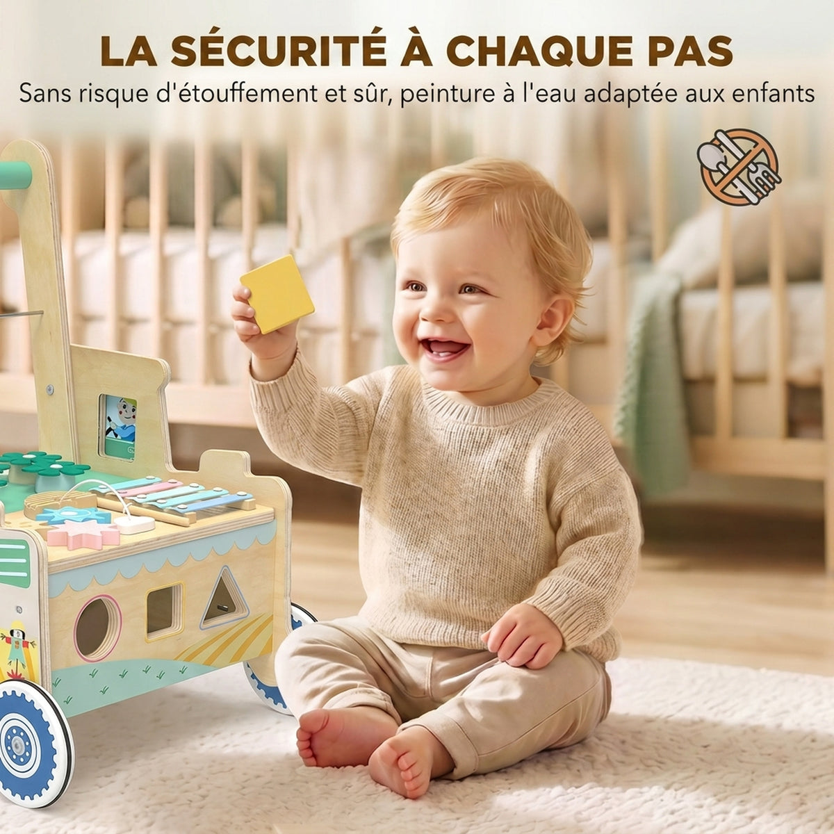 Trotteur Bebe en Bois, Chariot de Marche Bébé, Centre d'Activités, Espace de Rangement, Vert-6