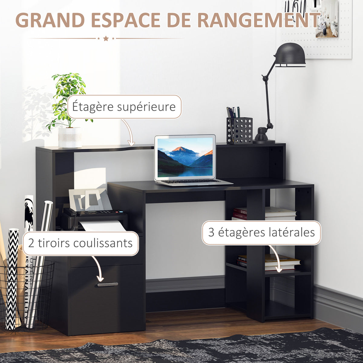 Bureau informatique avec 2 tiroirs, bureau avec rangement, 137 x 55 x 92 cm, étagères ouvertes et tablette d'imprimante, style moderne, table d'ordinateur pour chambre, studio, noir-4