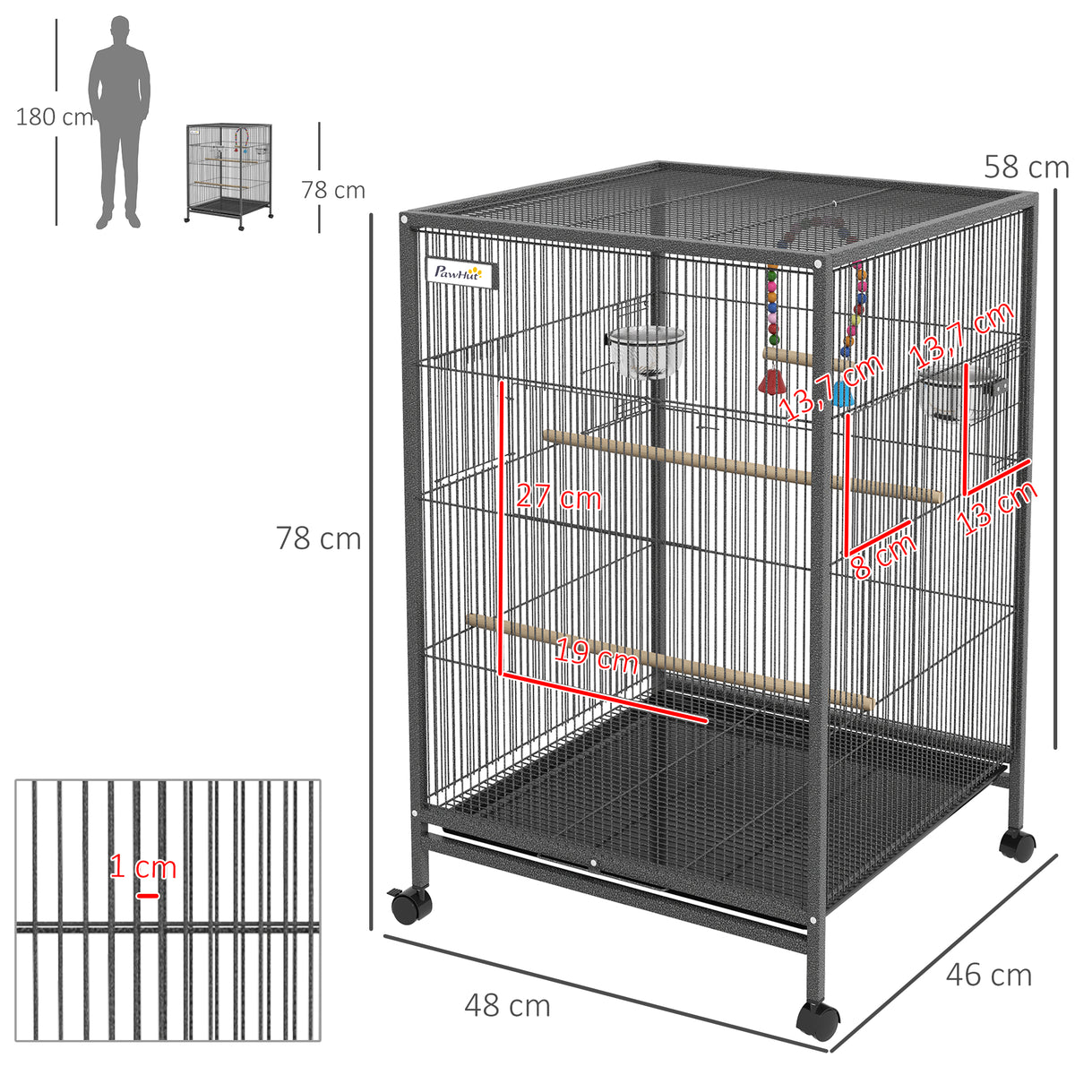 Cage oiseau sur pied cage sur roulettes avec balançoire, perchoirs et plateau coulissant 48 x 46 x 78 cm en acier noir-2