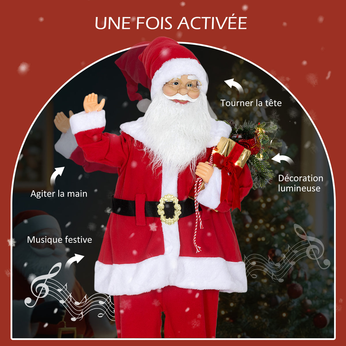 Figurine de Père Noël, debout de Père Noël, commande vocale, lumières LED scintillantes, bras pliables, 120 cm, rouge-4