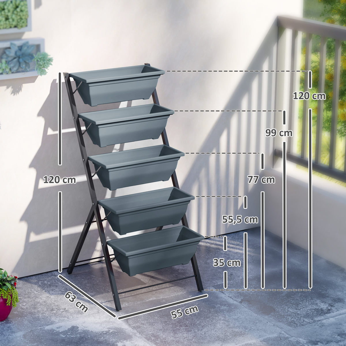 Jardinière surélevée avec étages jardinière verticale avec 5 bacs à fleurs trous de drainage cadre en acier gris-2