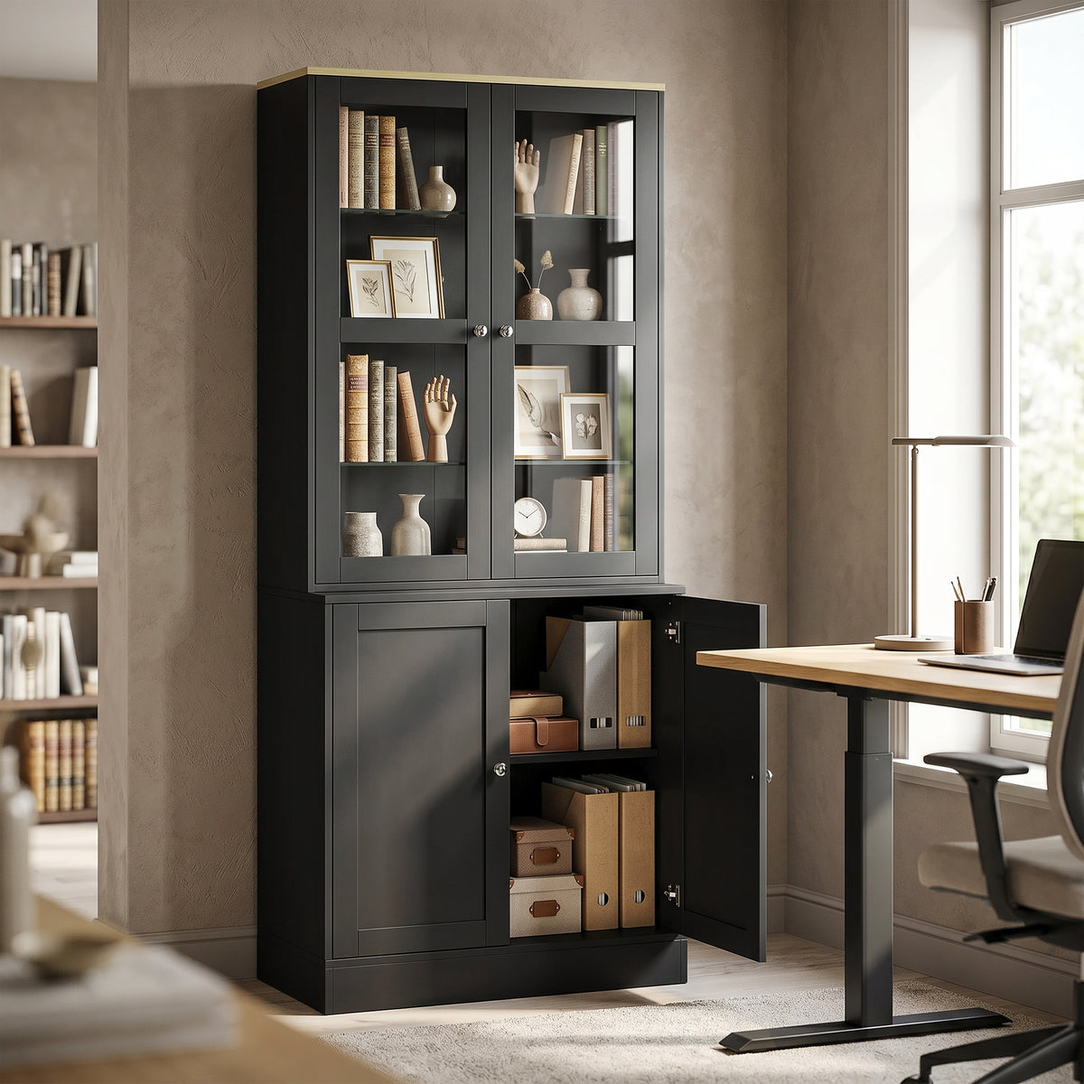Bibliothèque vitrine, meuble de rangement à 6 niveaux avec 4 portes dont 2 en verre trempé, étagères réglables, noir-1