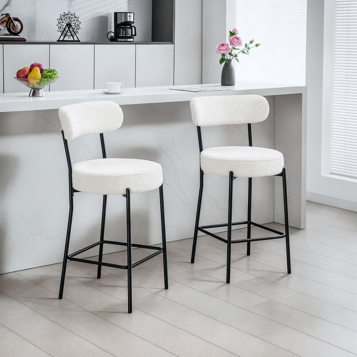 Lot de 2 tabourets de bar en tissu bouclette, chaises de bar avec dossier courbé, repose-pieds, 49x52x95cm, crème-9