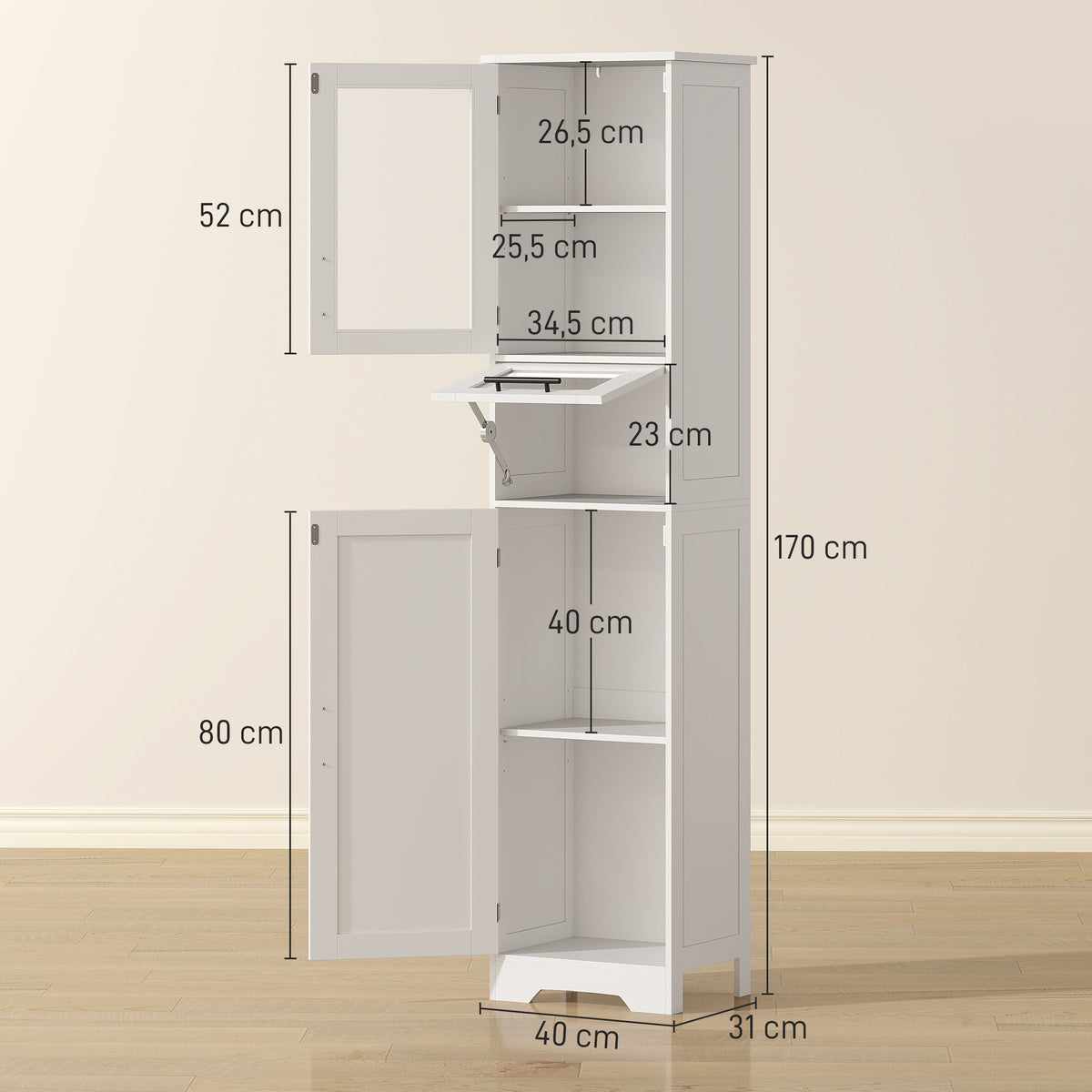 Meuble colonne salle de bain, meuble de rangement avec tiroir, 2 portes et étagère réglable, 40 x 31 x 170 cm, blanc-2