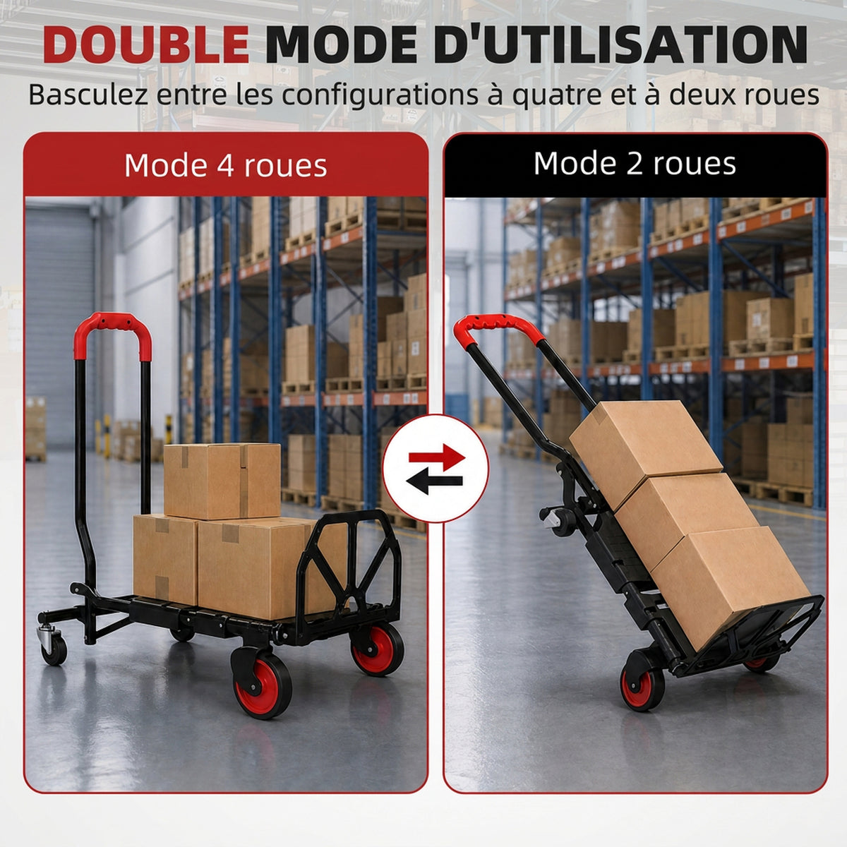 Diable et Chariot de Transport à Roulettes Pliable 2-en-1, Charge Max 120 kg, Base Rabattable, Acier, 83x44x78cm, Rouge-3