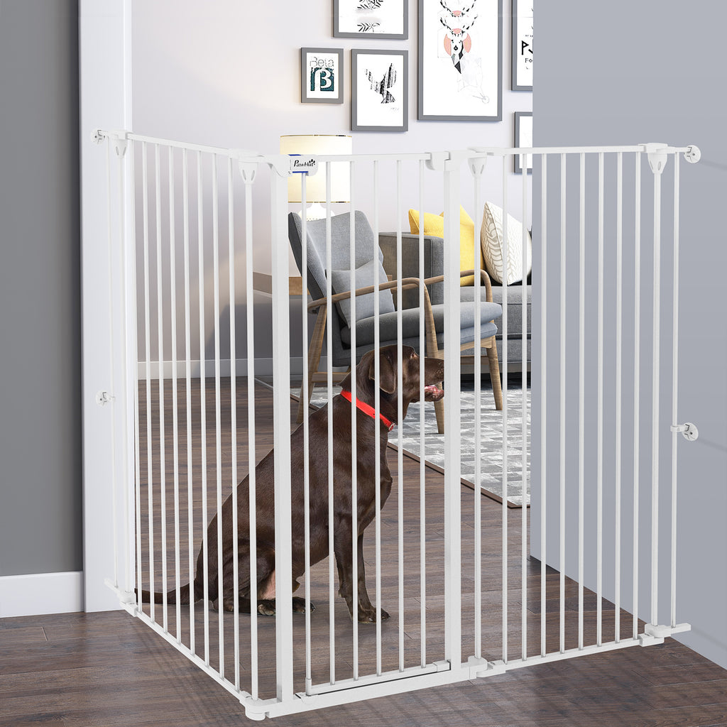 Barrière pour chien en acier à 3 panneaux pliante double verrouillage et porte intégrée pour porte et escalier blanc-9