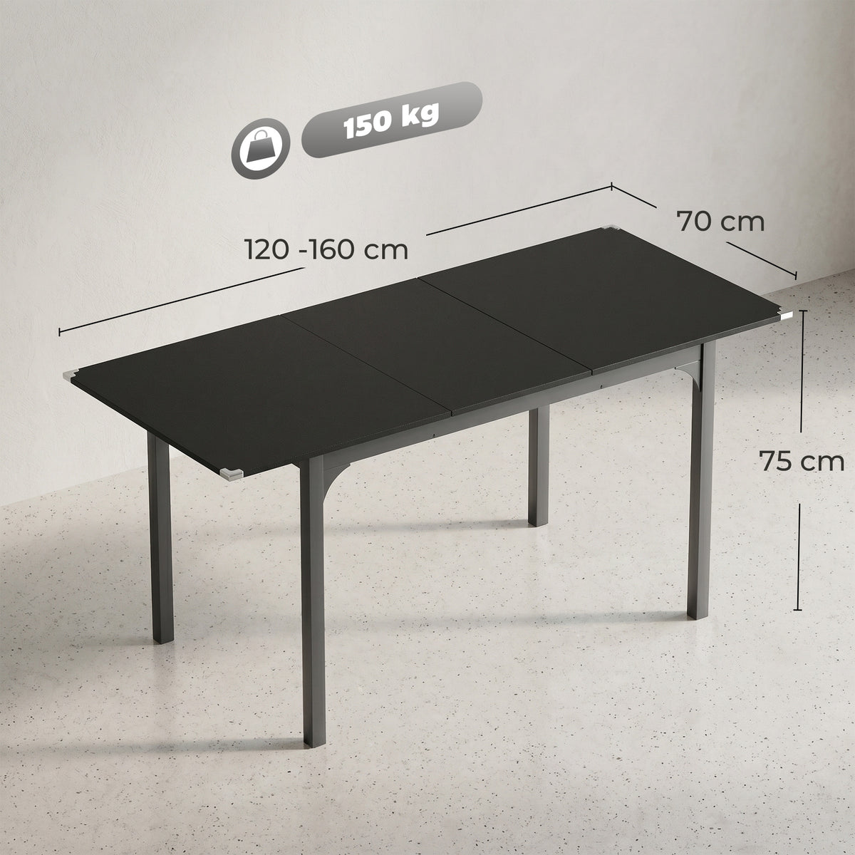 Table à manger extensible de 4 à 6 personnes, pieds en acier, pour petits espaces, salle à manger, noir-2
