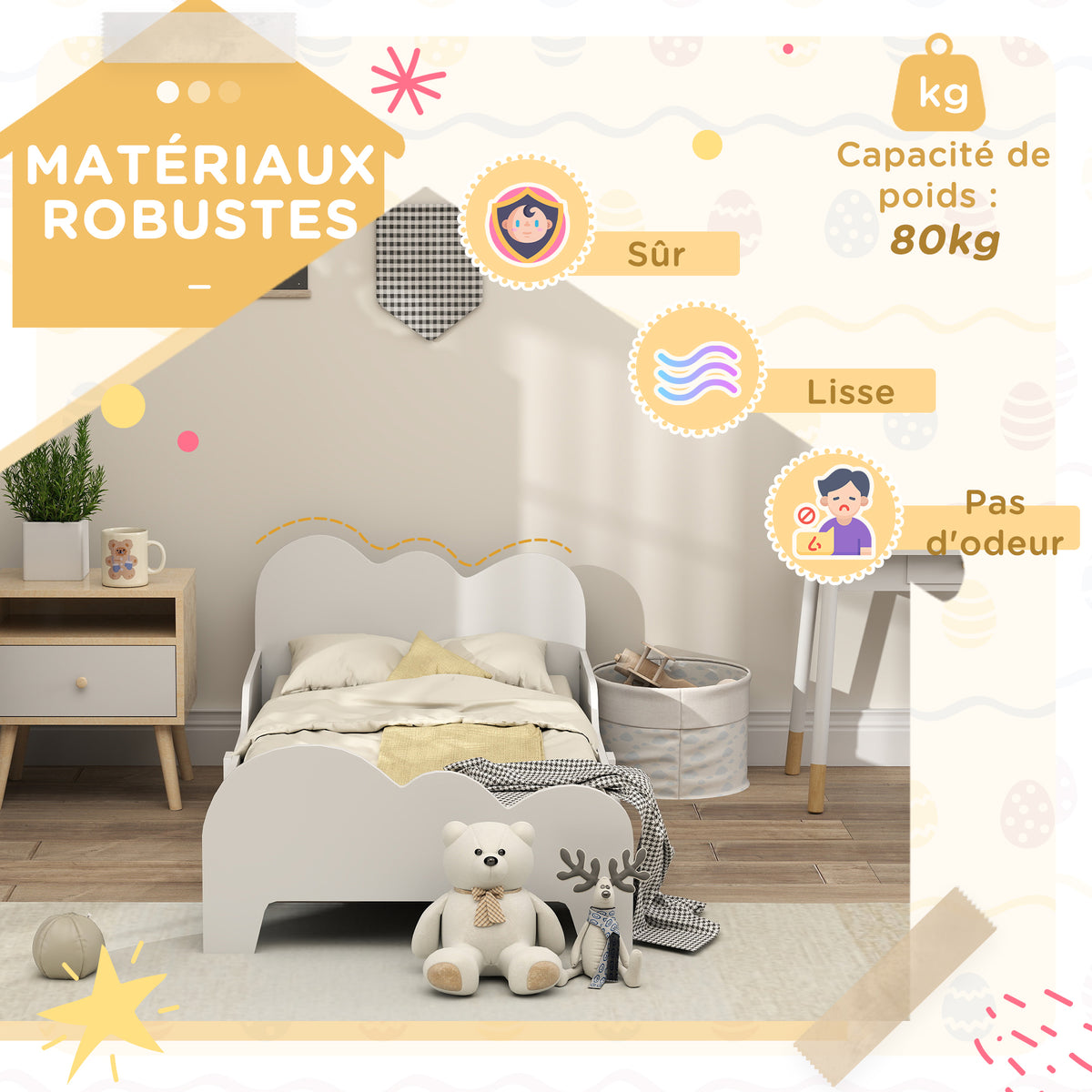 Lit enfant lit au sol enfant 70x140 cm avec barrière de sécurité, sommier à lattes inclus et décorations de nuage, blanc-4
