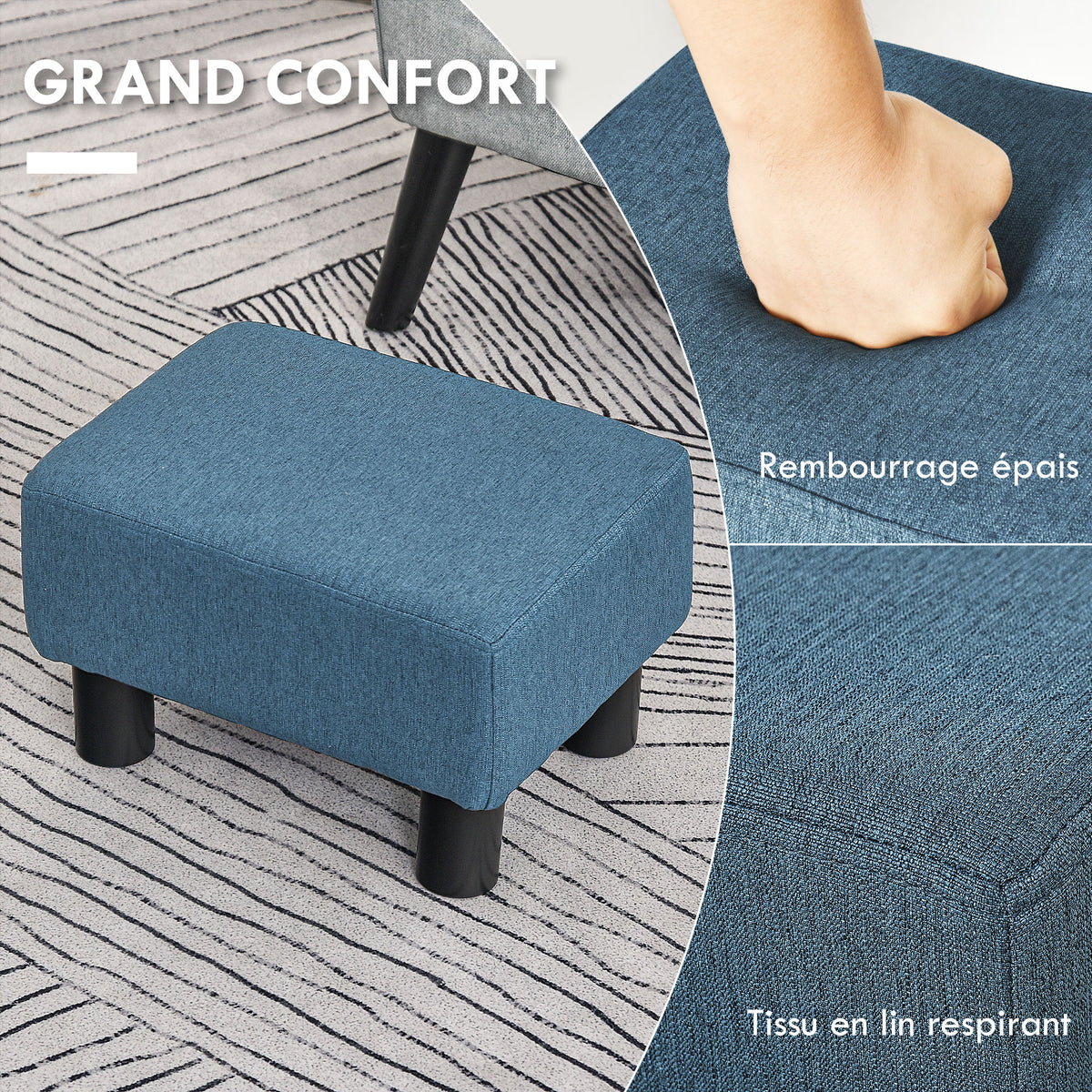 Pouf repose-pied tabouret bas en tissu de lin capacité de charge 110 Kg 40 x 30 x 24 cm bleu foncé-3