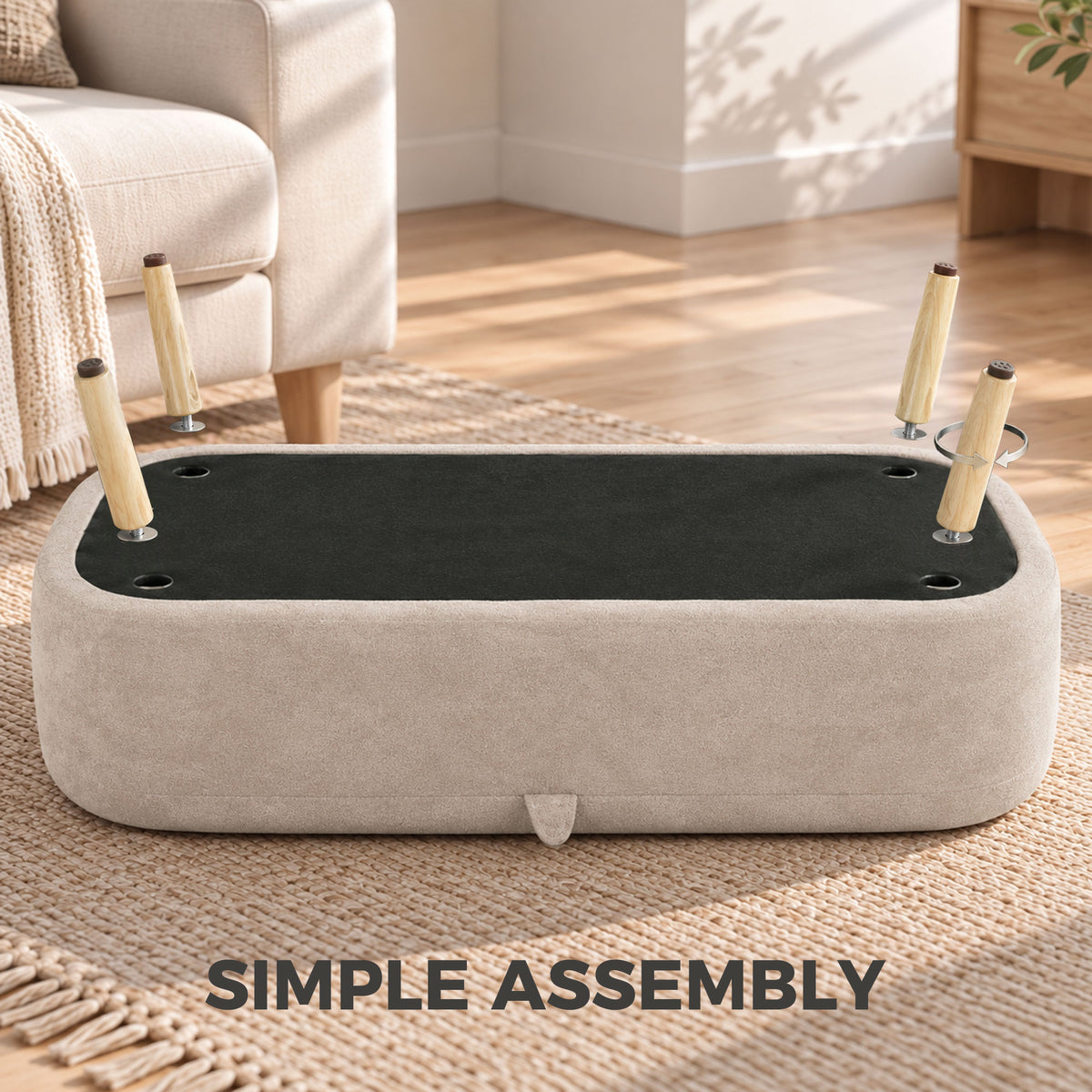 Banc Coffre de Rangement en Sherpa Moderne pour Bout de Lit avec Pieds en Bois 95cm Beige-7