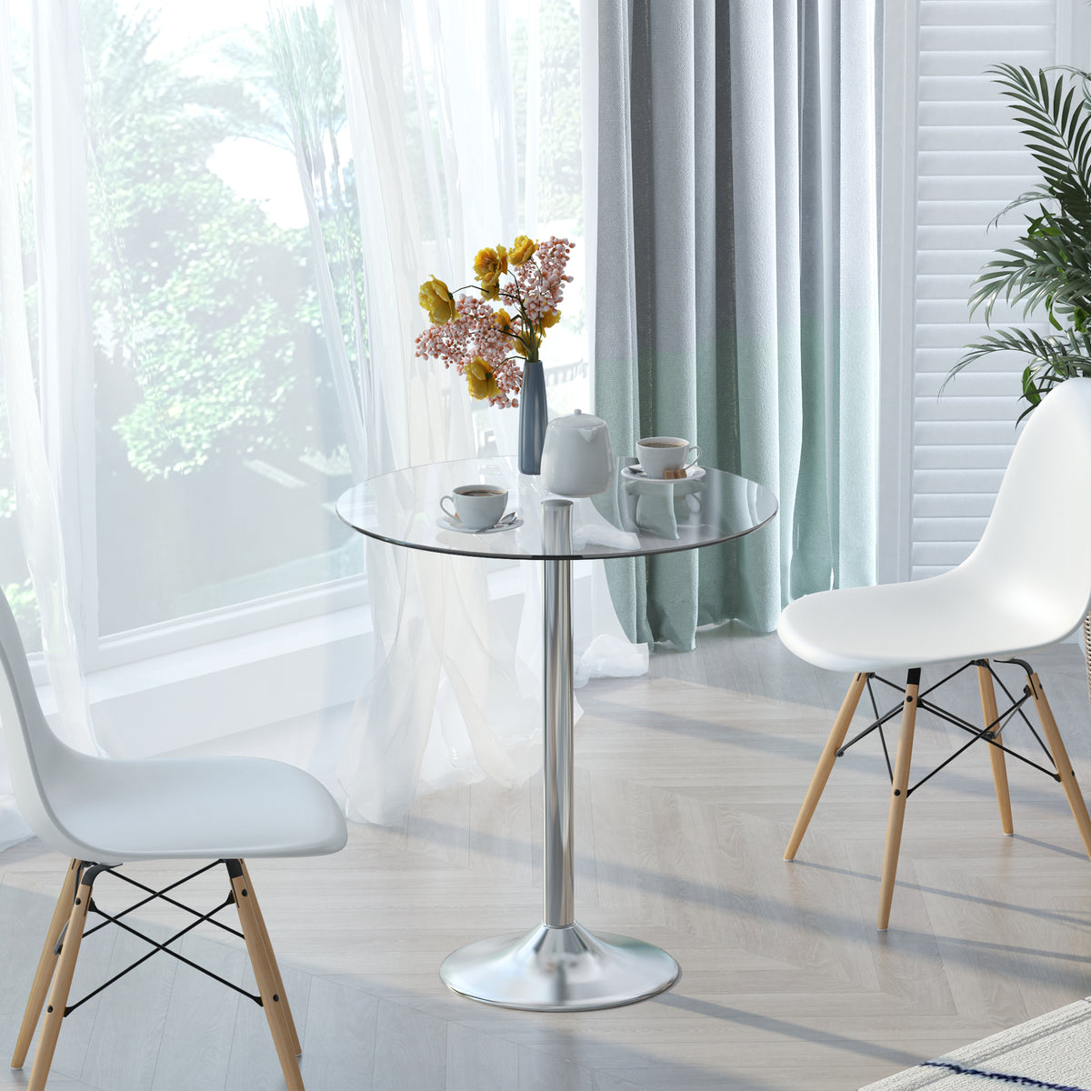 Table à manger ronde pour 2 personnes, table de cuisine moderne avec plateau en verre trempé et base en acier, argenté-1