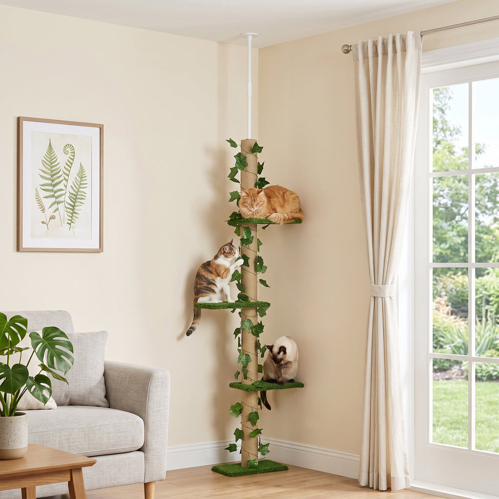 Arbre à chat poteau à griffer fixation plafond hauteur réglable 37 x 21 x 202- 242 cm 4 niveaux vert-9