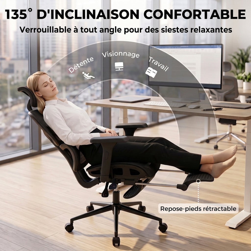 Chaise Bureau Ergonomique Inclinable en Maille, Support Lombaire, Appui-Tête 2D, Double Dossier Aéré, Noir-5