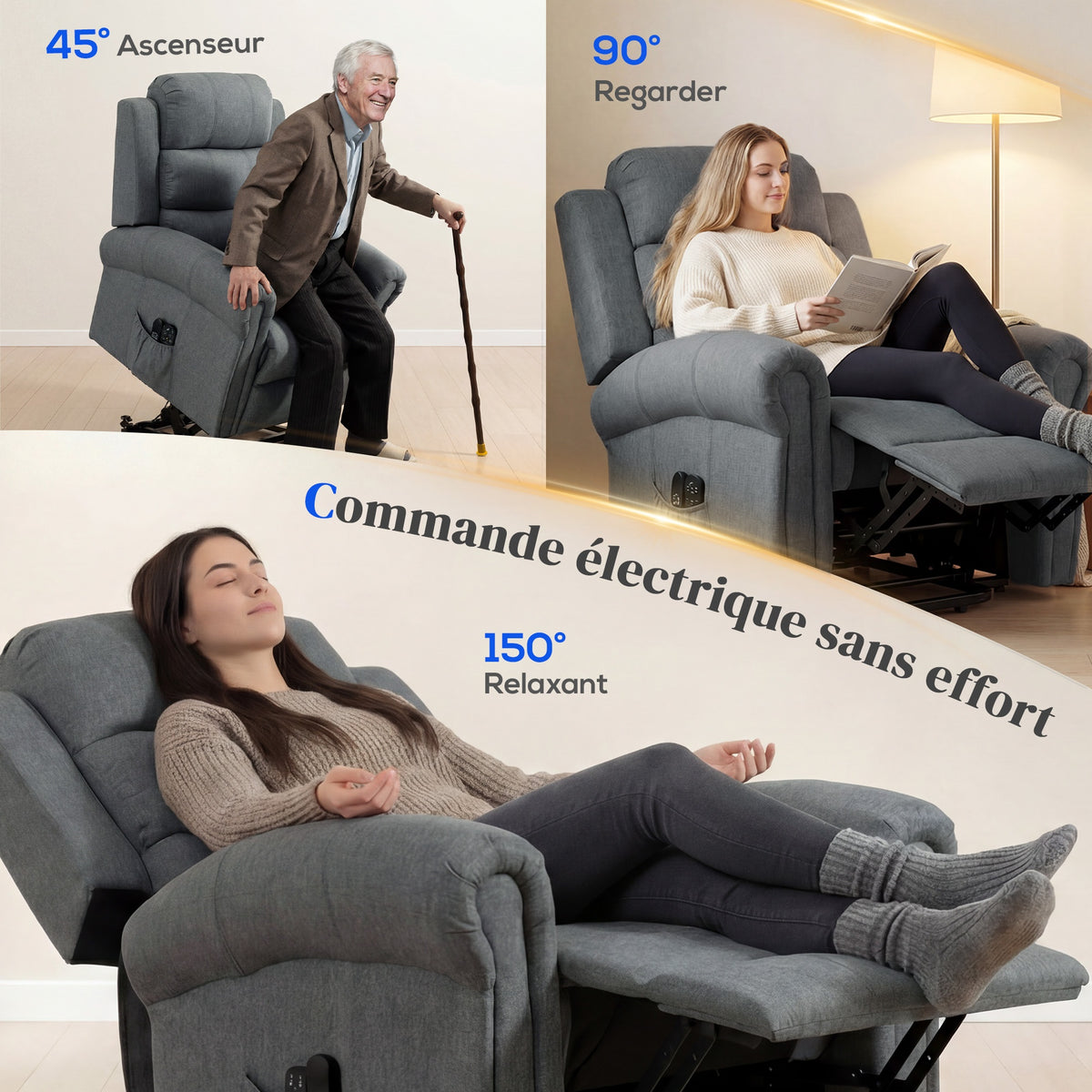 Fauteuil releveur électrique, fauteuil relax électrique avec fonction massage et chauffage, 87 x 87,5 x 108 cm, gris-3