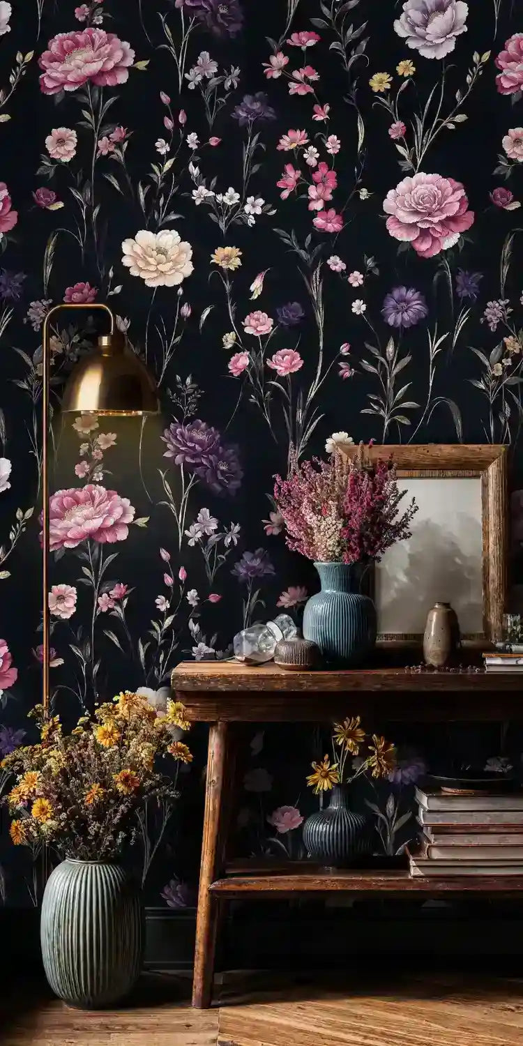 Papier peint jardin fleuri sombre