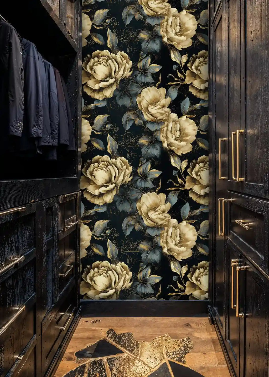 Papier peint pivoines dorées sur fond nuit