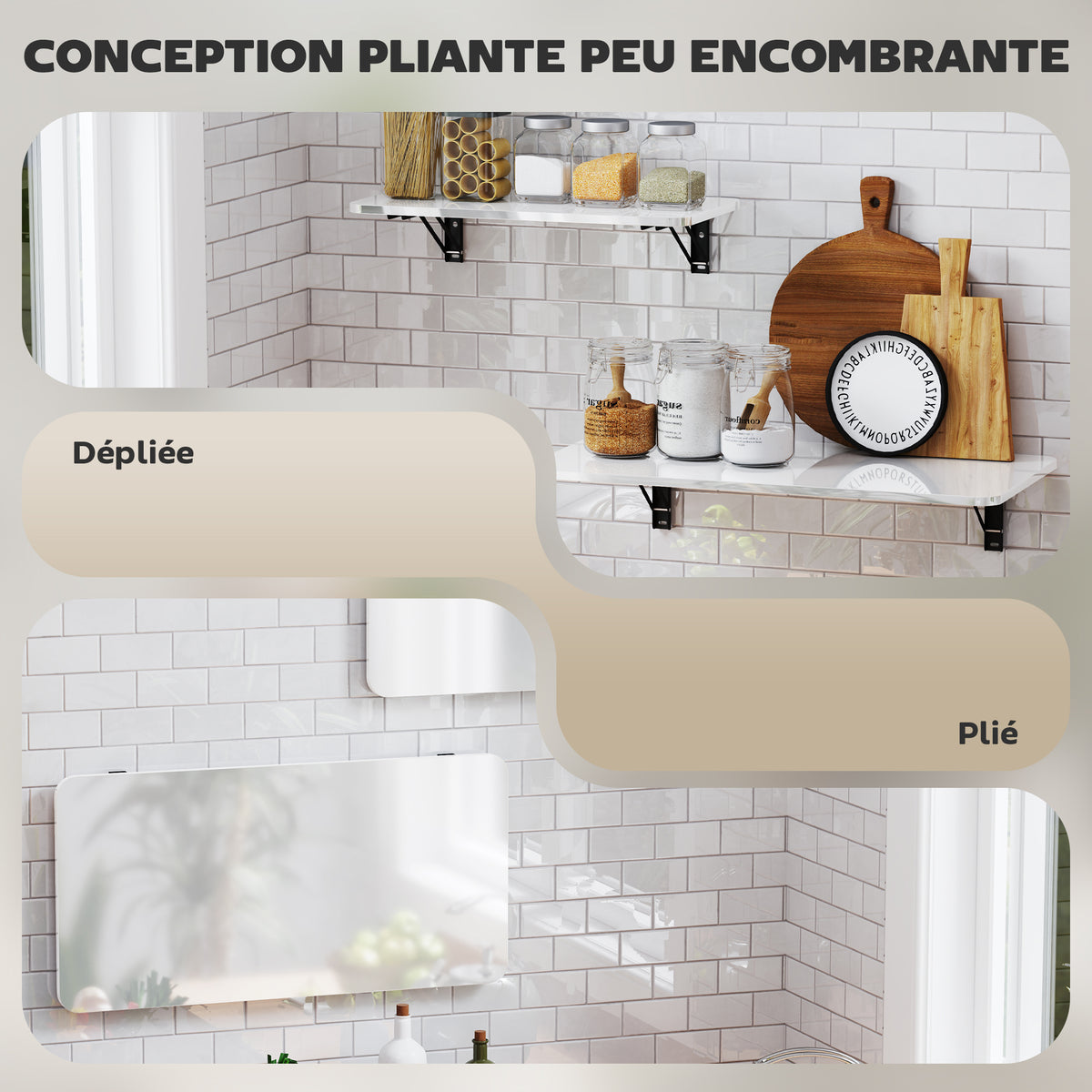 Lot de 2 tables pliantes murales, table murale rabattable en bois, pour cuisine, salle à manger, bureau, blanc brillant-3