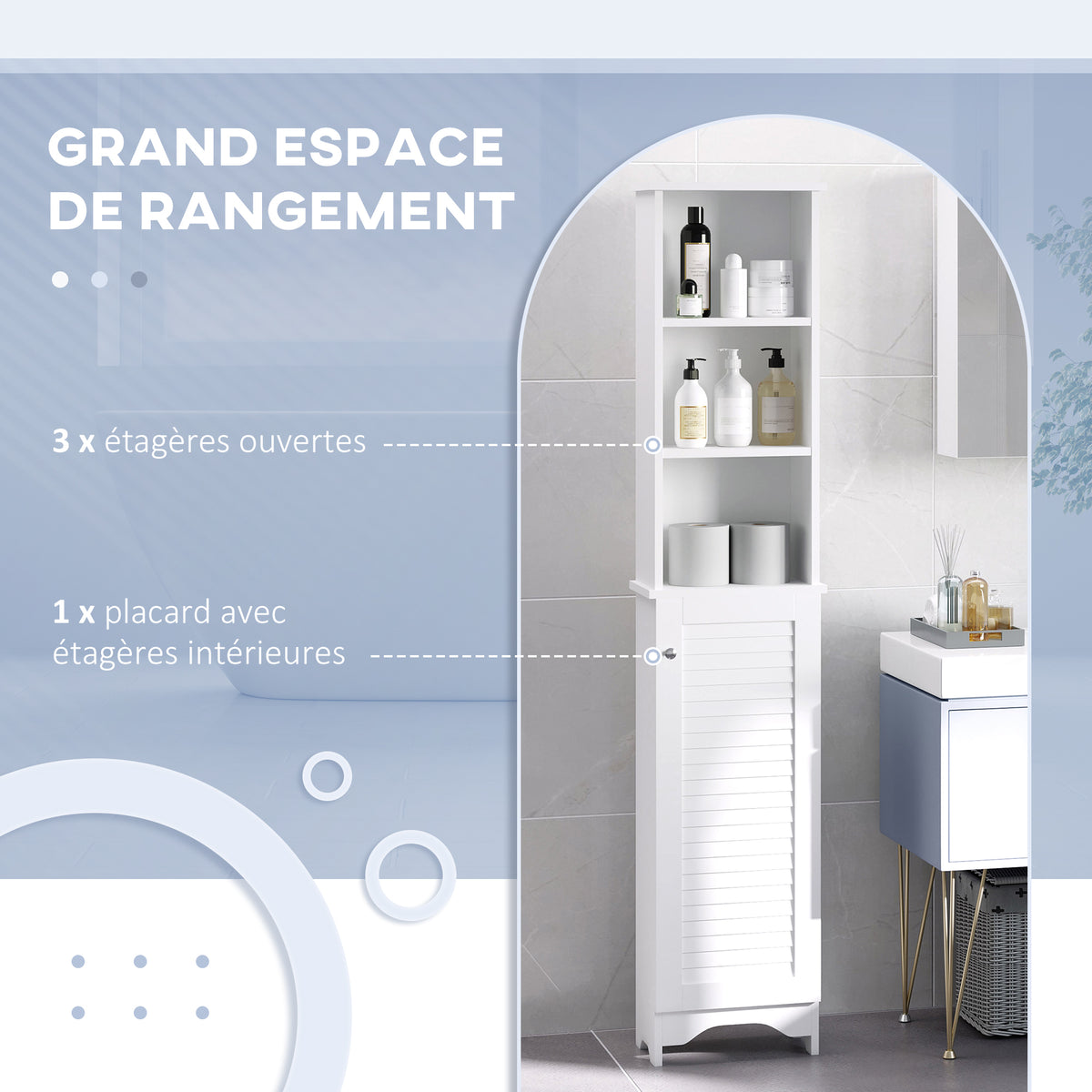 Meuble Colonne Salle de Bain 3 niches Placard Porte persienne 3 étagères MDF Panneaux de Particules Blanc-3