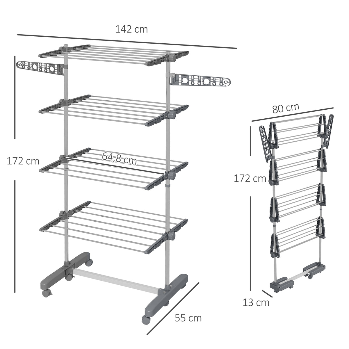 Séchoir à Linge étendoir pliable ailes latérales utilisation intérieure et extérieure 142 x 55 x 172 cm 4 niveaux gris-2