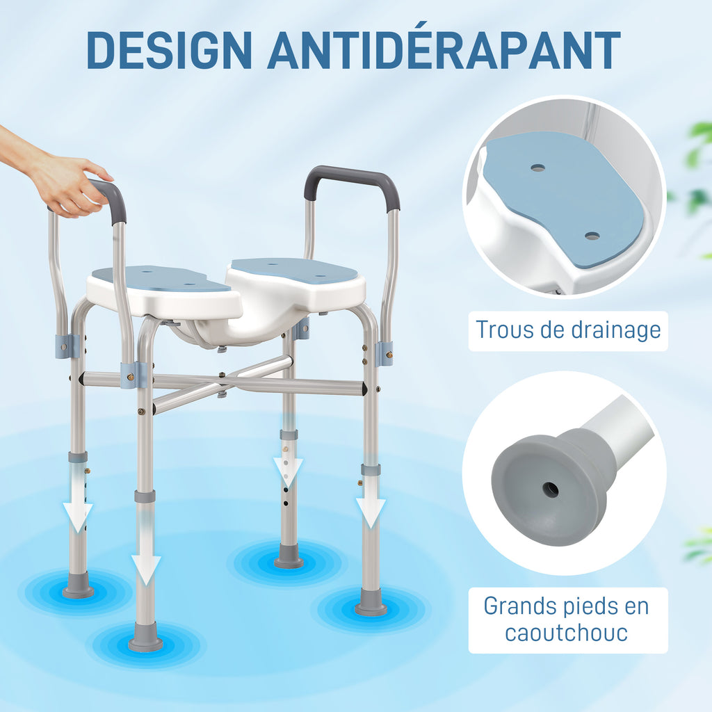 Chaise de douche avec accoudoirs siège de douche en forme U hauteur réglable anti-dérapant 53 x 36 x 64-75 cm bleu clair-6