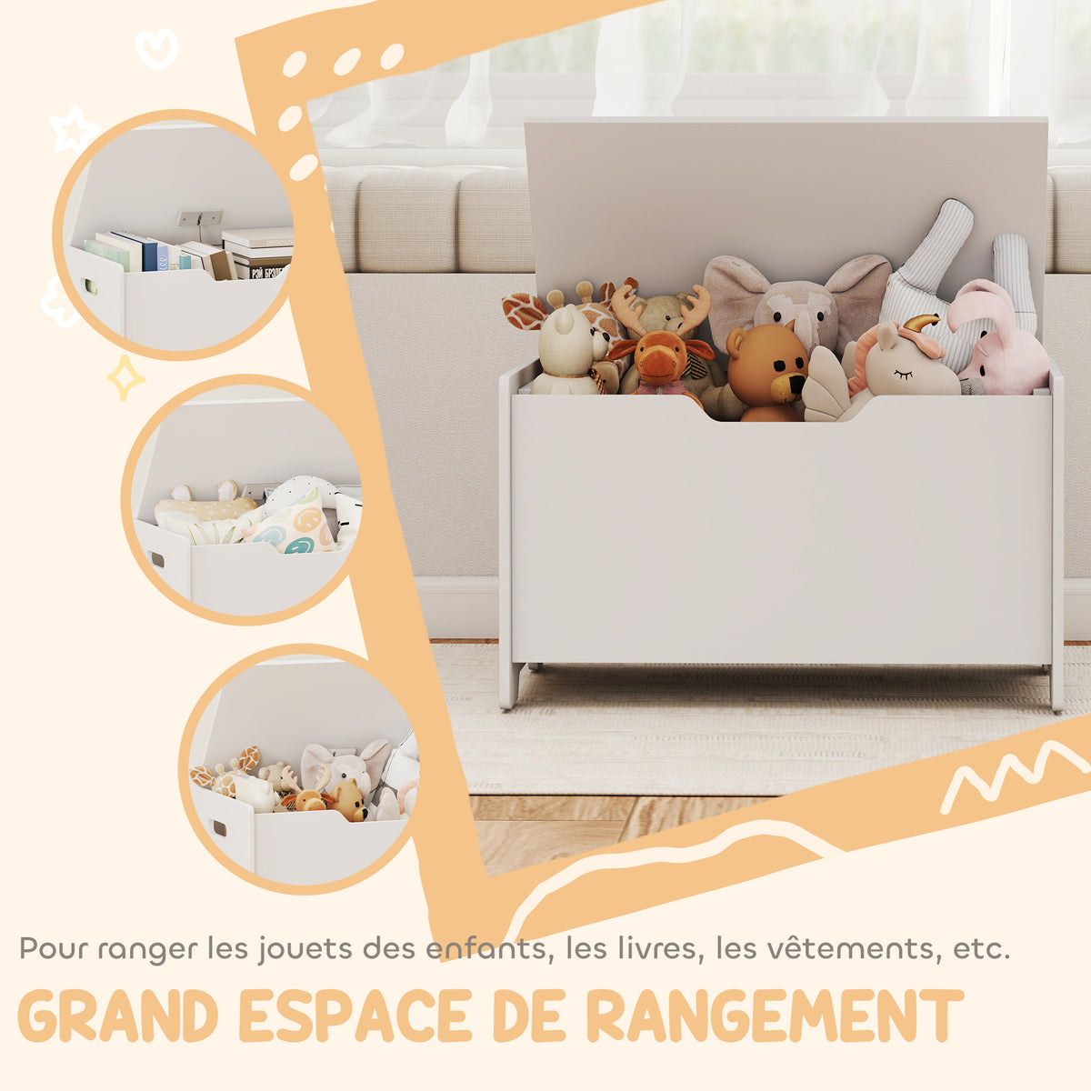 Coffre à jouet enfant avec couvercle rabattable, coffre de rangement enfant, forme d'ours, 60 x 38 x 48 cm, blanc-5
