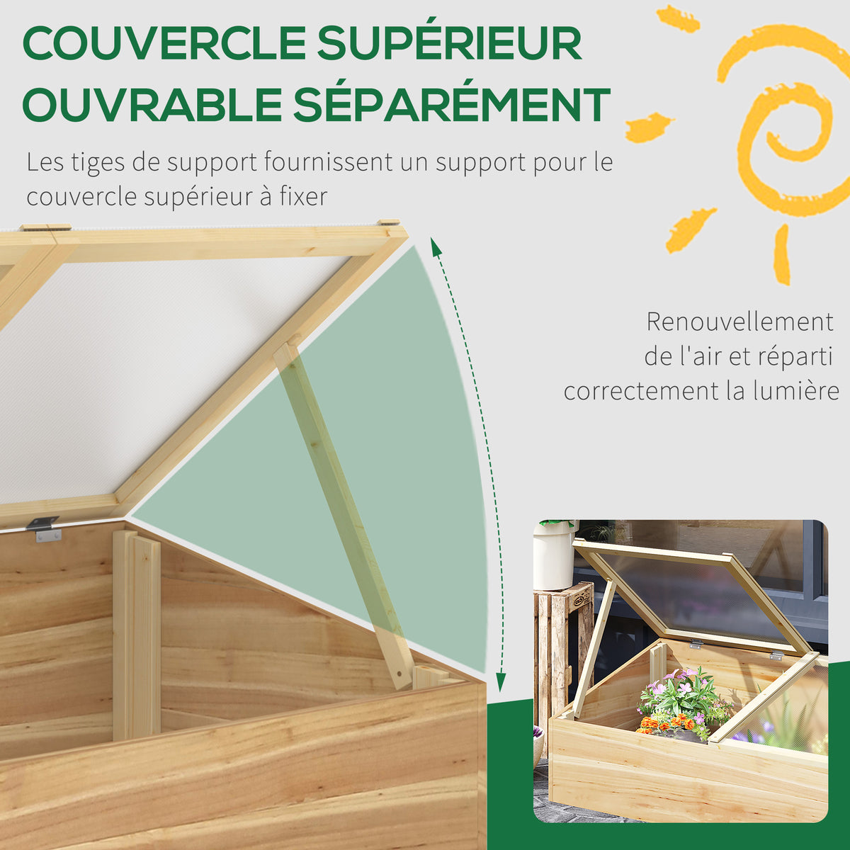 Mini Serre de Jardin Serre pour semis dim. 100L x 50l x 36H cm Toit 2 pans ouvrables séparemment Panneaux de Polycarbonate Bois Sapin pré-huilé-3