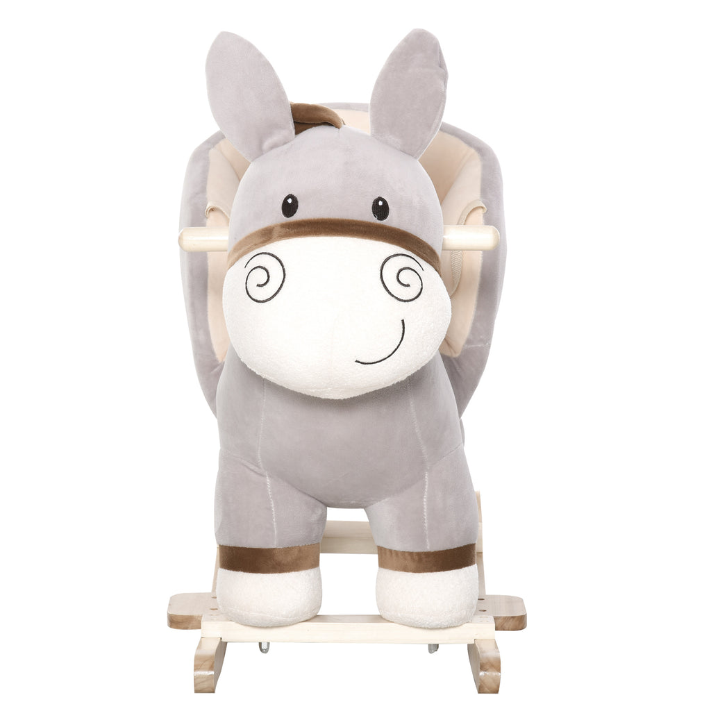 Cheval à Bascule modèle âne Fonction Musicale Selle Grand Confort Peluche Courte Douce Bois peuplier Gris dim. 61L x 34l x 58H cm-7