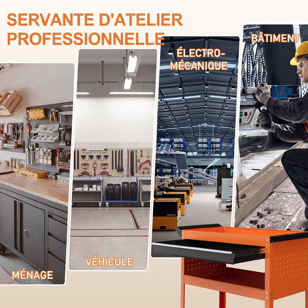 Chariot d'atelier servante atelier à 3 niveaux avec tiroir, porte-outils latéral et poignée, 82x35x76 cm, orange-6