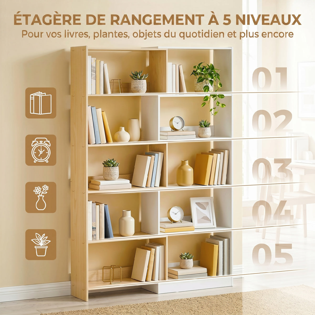 Bibliothèque d'angle rotative 350° à 5 niveaux, étagère de rangement extensible en forme L, 60-111x24x164cm, chêne-5