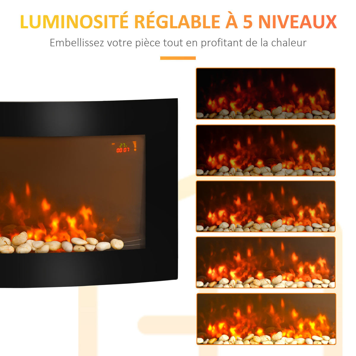 Cheminée électrique Murale éclairages latéraux LED Design Avant-gardiste Affichage LED avec télécommande et minuterie 1000/2000 W luminosité réglable Noir-5