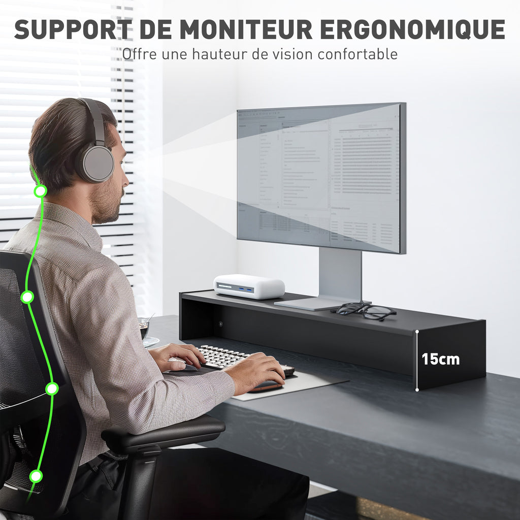 Rehausseur écran PC bureau support d'écran d'ordinateur de 100 cm support moniteur avec deux compartiments, noir-3