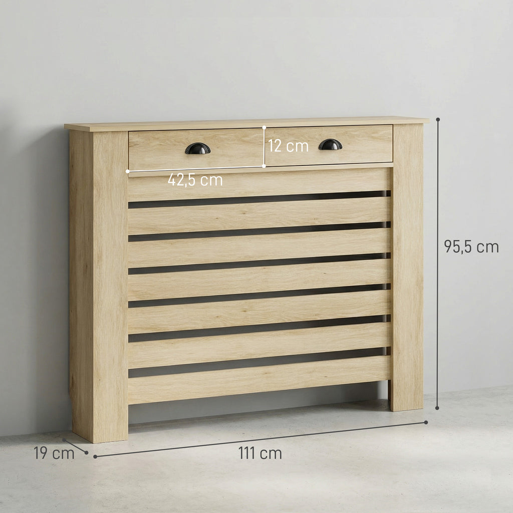 Couvercle de radiateur cache radiateur grille à lattes horizontales avec 2 tiroirs en bois 111l x 19P x 95,5H cm chêne-2
