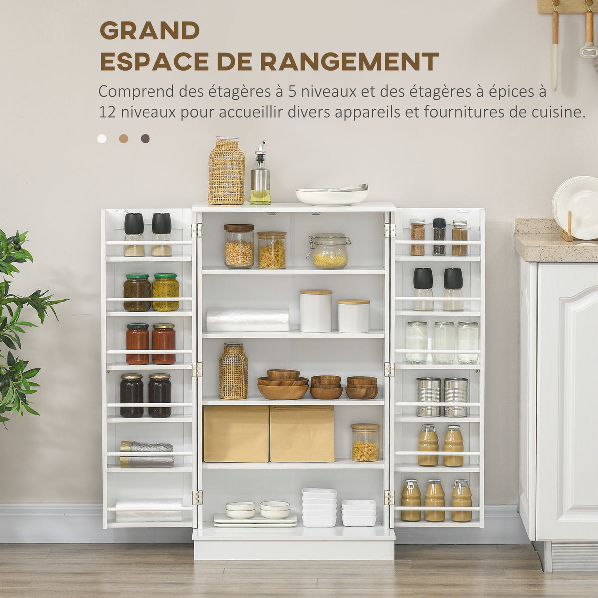 Armoire meuble de cuisine garde-manger 2 portes avec 5 étagères et 12 porte-épices - 60 x 30 x 104 cm - blanc-3