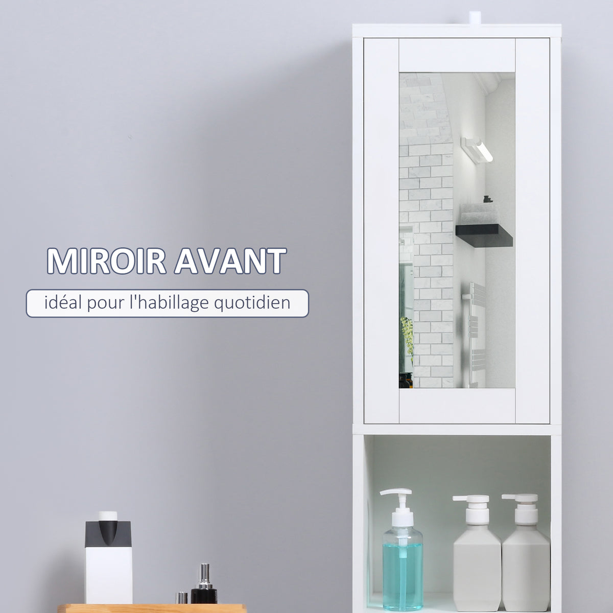 Armoire salle de bain haute, meuble de rangement colonne avec miroir, 2 portes, étagères réglables, 30x28x170cm, blanc-3