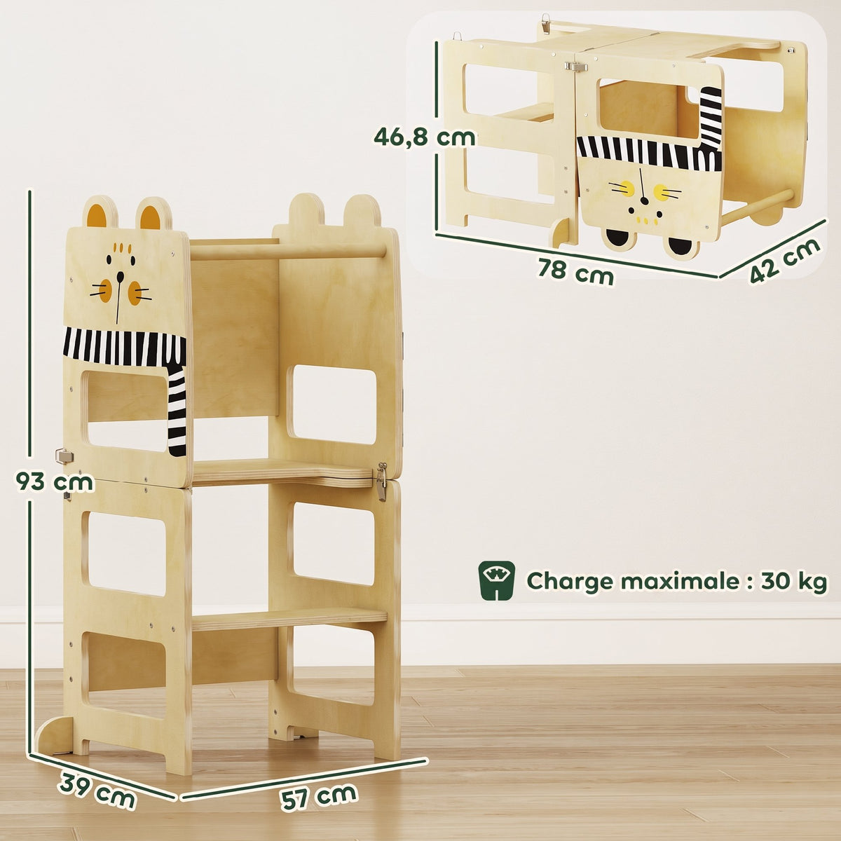 Tour d'Apprentissage Enfant 3 en 1, Tour d'Observation Enfant Pliable avec Tableau Noir, Motif Chat, Naturel-2