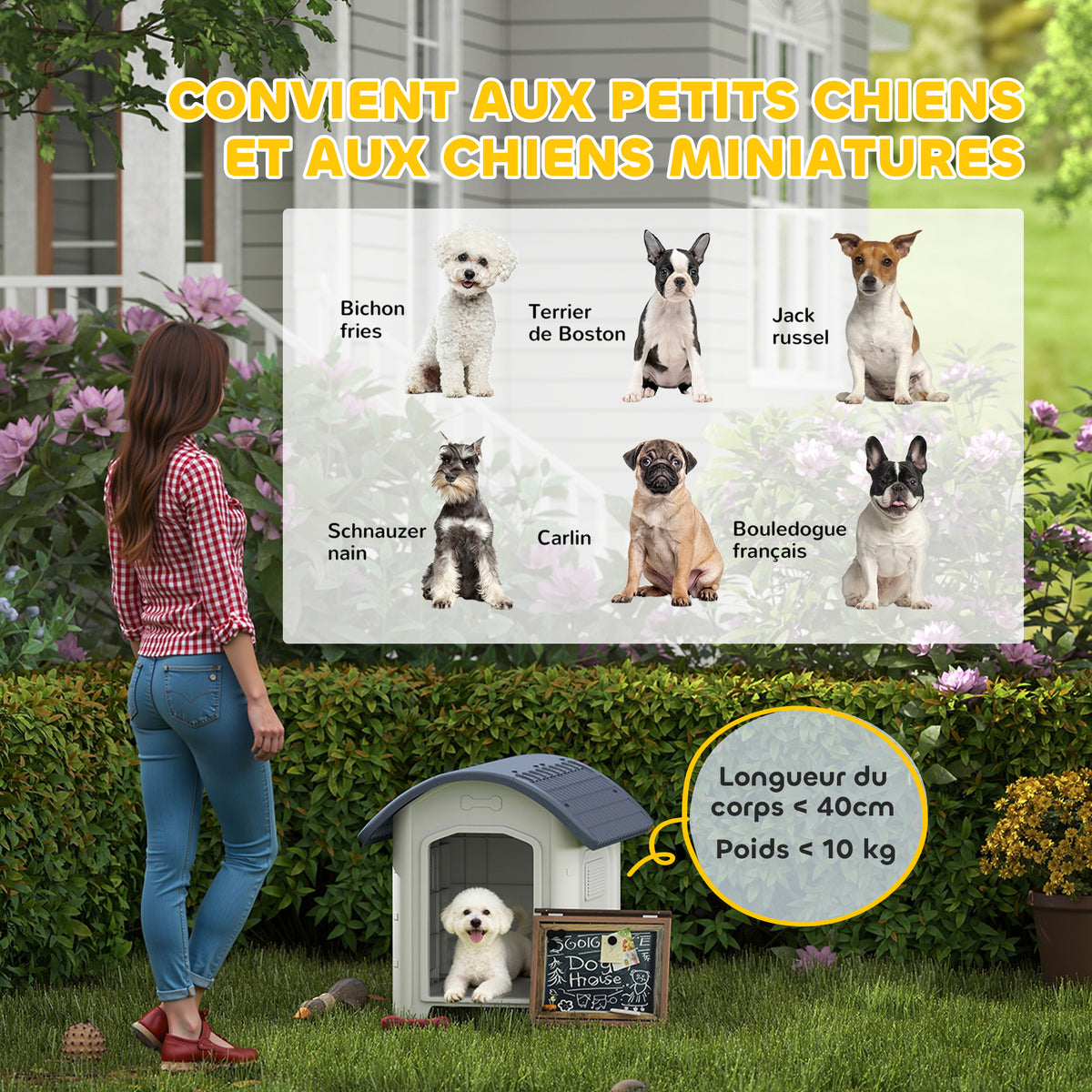 Niche pour Chien Extérieur, Maison pour Chien en Plastique avec Sol Surélevé et Amovible, Toit Imperméable, Gris-4
