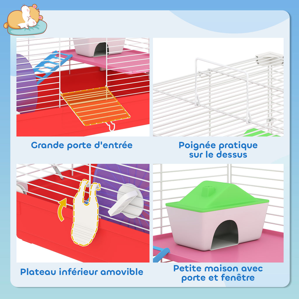 Cage hamster, cage rongeur à 2 niveaux, base amovible nettoyage facile, cabane, roue d'exercice, 47 x 30 x 27 cm, blanc-4