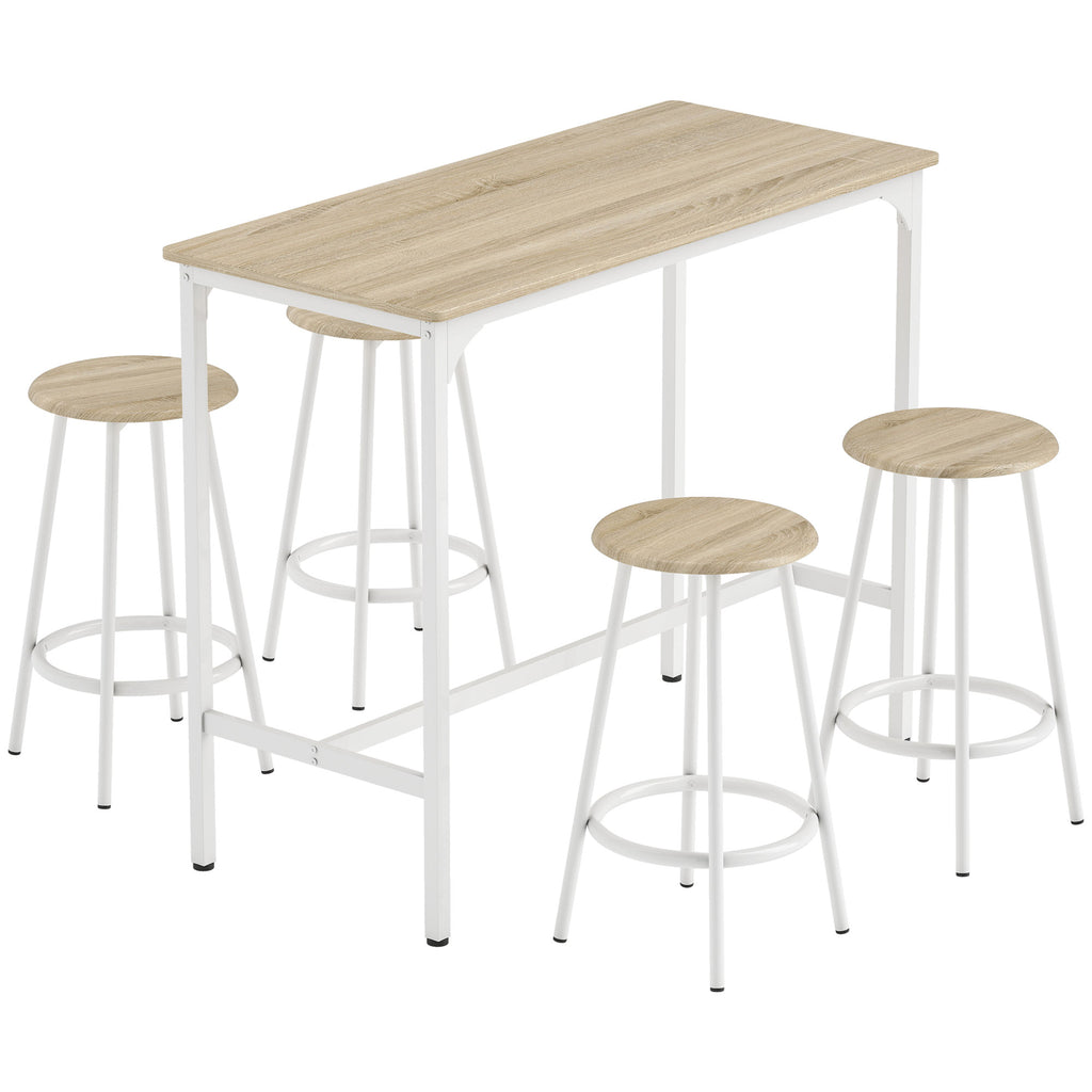Ensemble table haute et 4 tabourets avec Repose-Pieds style moderne, structutre en métal effet bois naturel-0