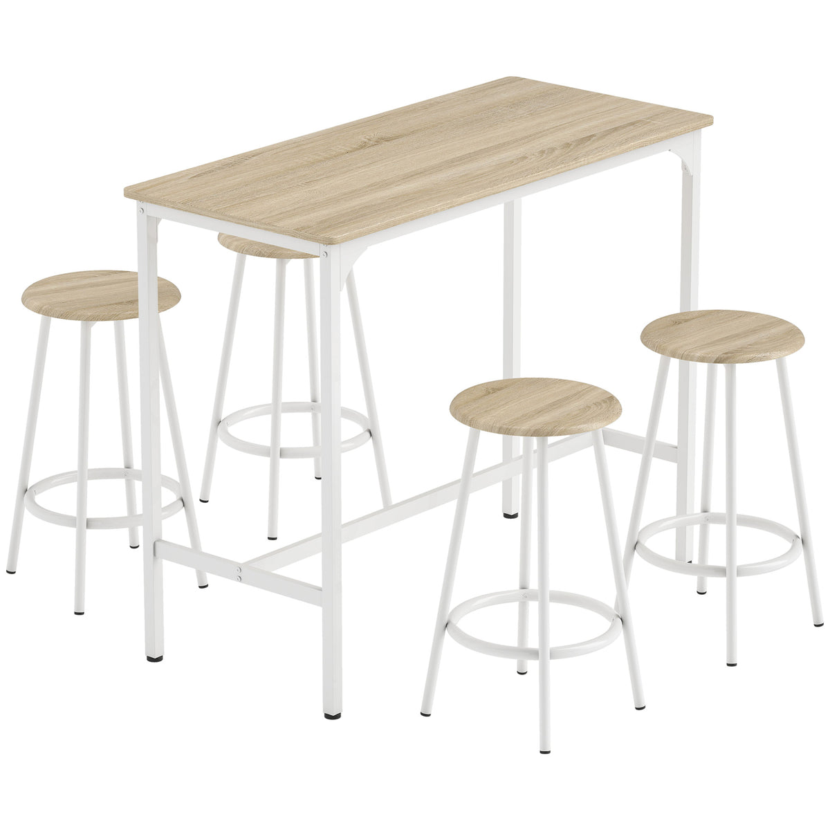 Ensemble table haute et 4 tabourets avec Repose-Pieds style moderne, structutre en métal effet bois naturel-0