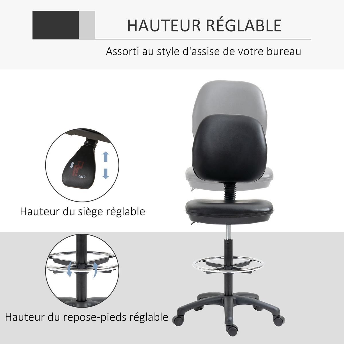 Lot de 2 tabourets à roulettes réglable en hauteur 69-91 cm avec dossier inclinable et repose-pieds réglable-3
