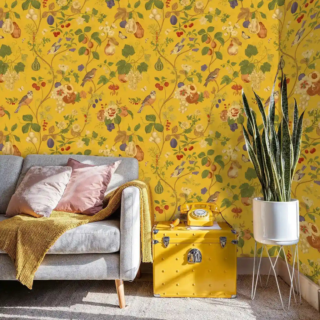 Papier peint jardin botanique, oiseaux et fruits